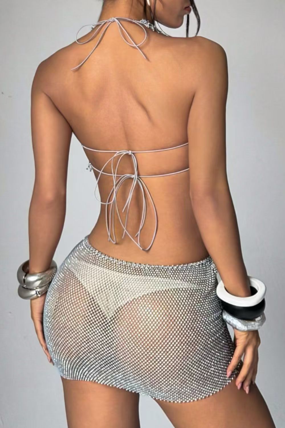 Silver Rhinestone Mesh Halter Mini Dress