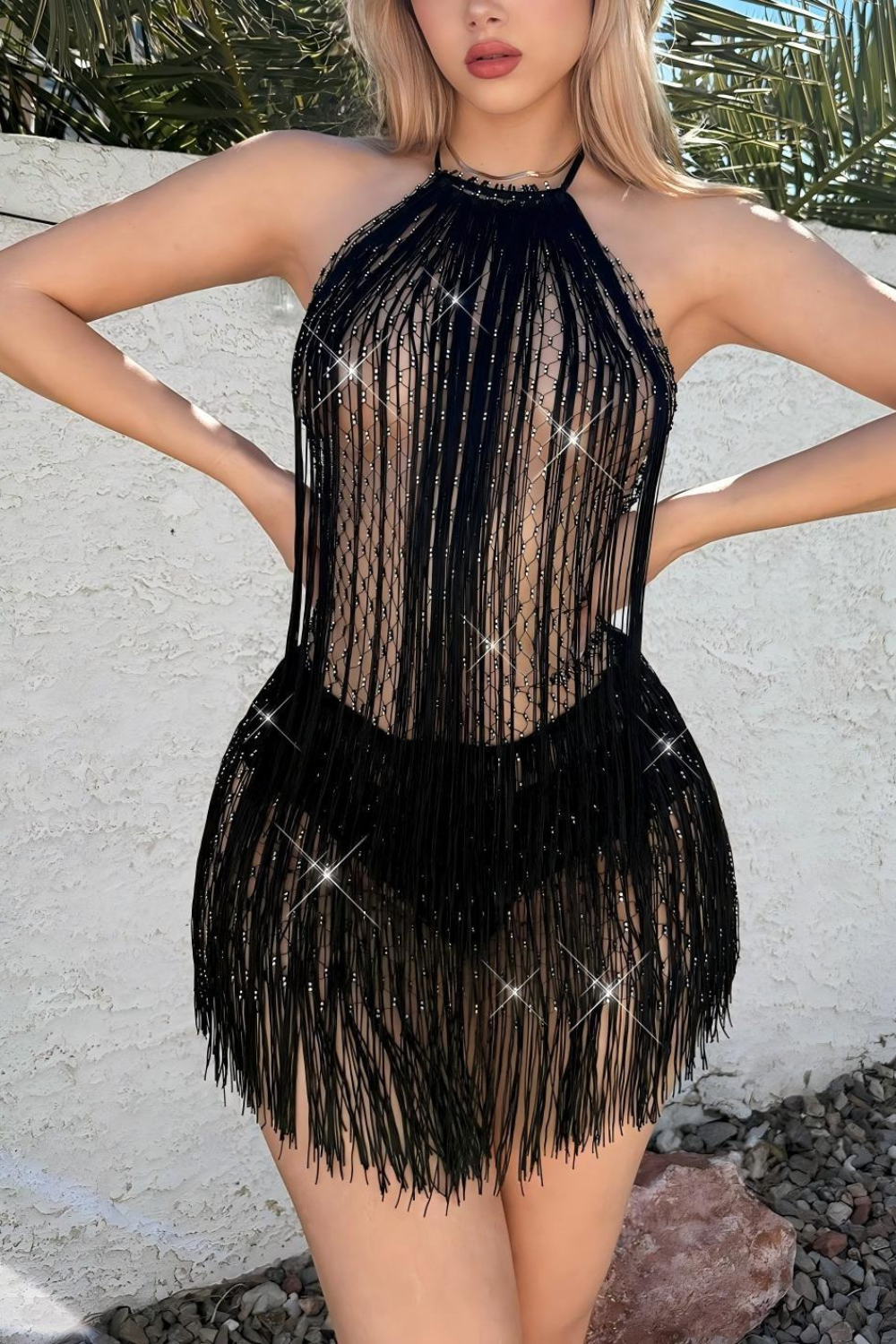 Glisten Mesh Halter Tassel Dress