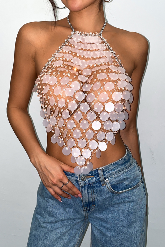 Hand Stitched Sequins Halter Top