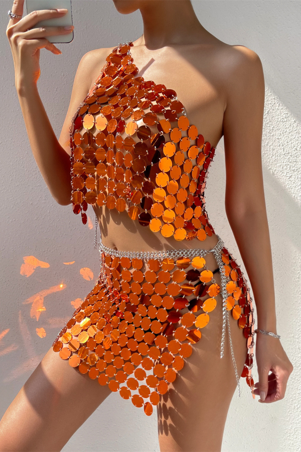 Orange Fish Scale Skirt Set
