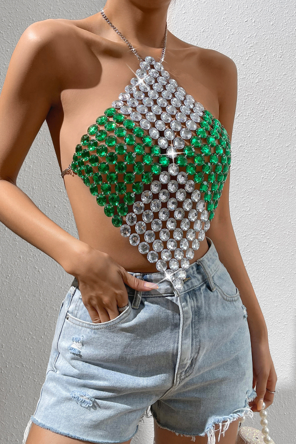 White And Green Halter Gem Cami Top