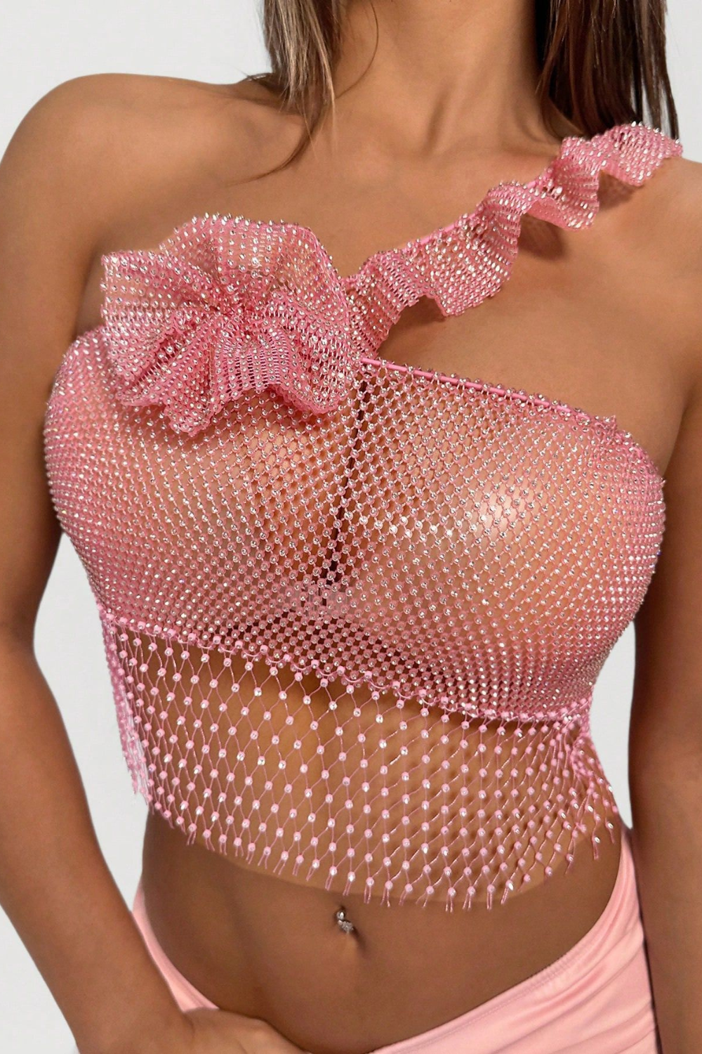 Mesh With Ruffle Bow Crop Top