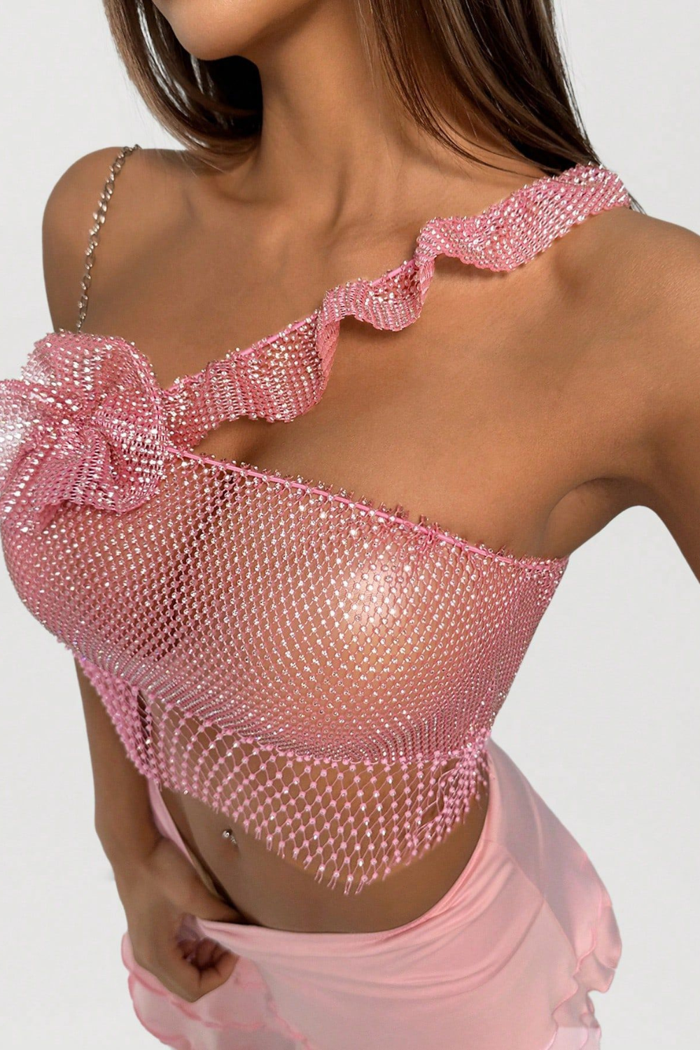 Mesh With Ruffle Bow Crop Top
