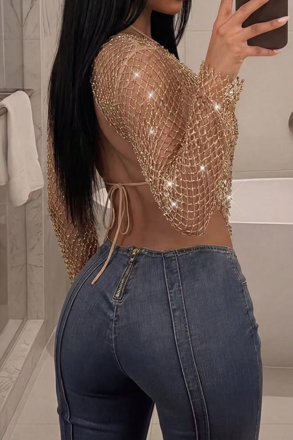 Rhinestone Mesh Long Sleeve Cover Up Top