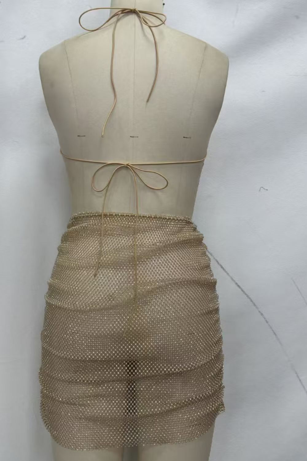 Rhinestone Mesh Deep V Mini Dress