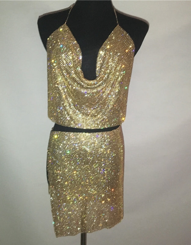 2PCS Sparkly Cami Top Skirt Set