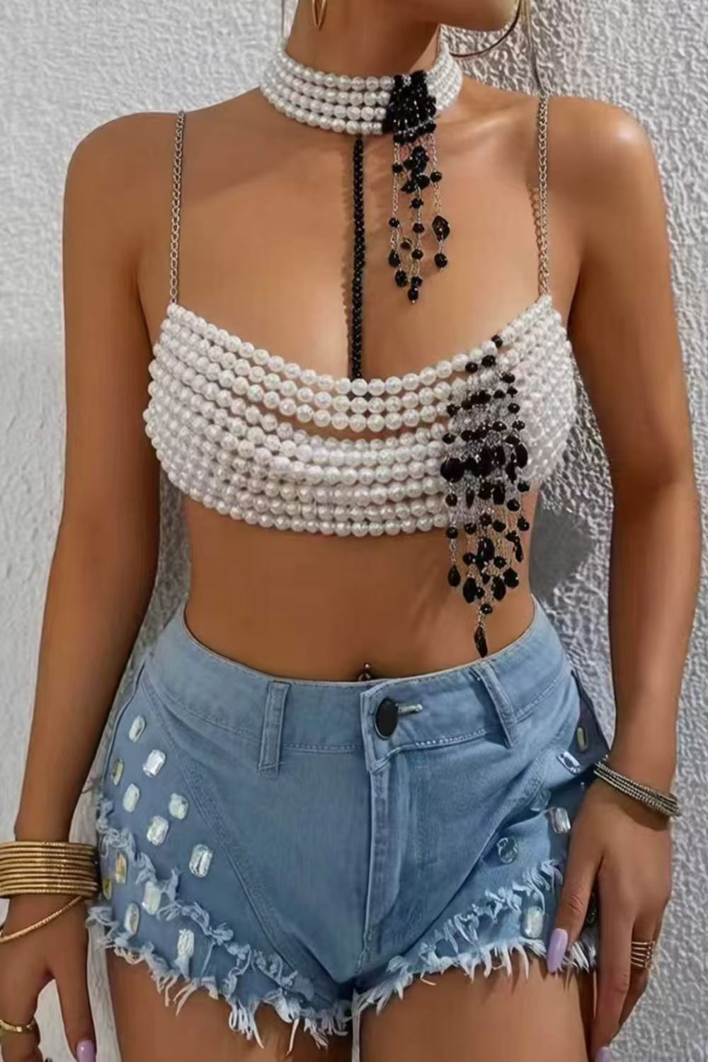 Pearl Beaded Tassel Crop Top