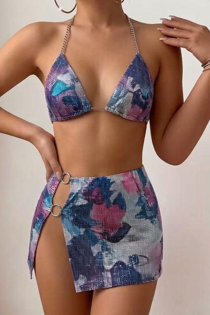 Abstract Print Chainmail Skirt Set