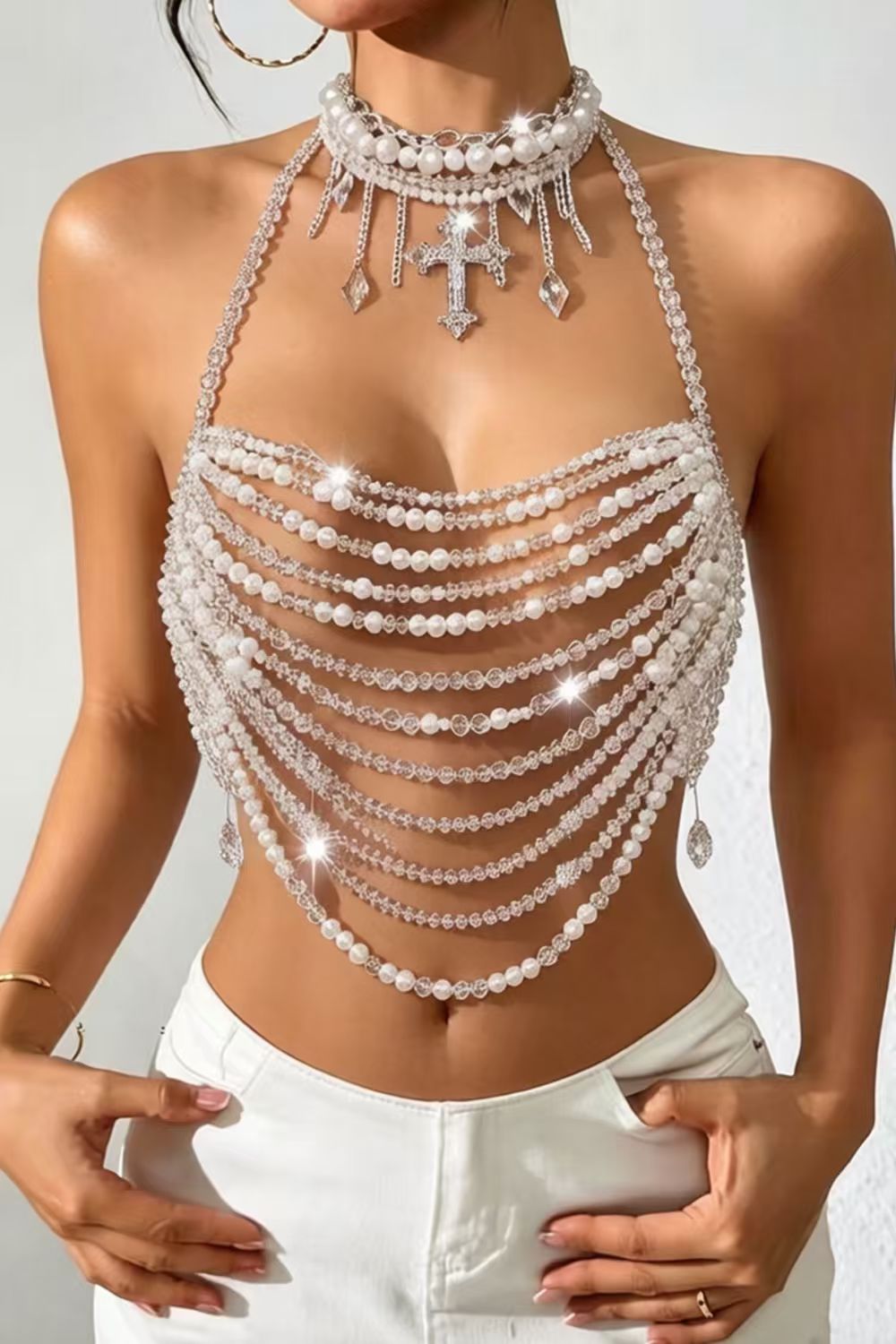 Pearl Cross Halter Body Chain Top