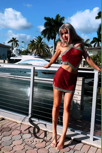 🔥 Red Rhinestone Chainmail Top & Skirt Set