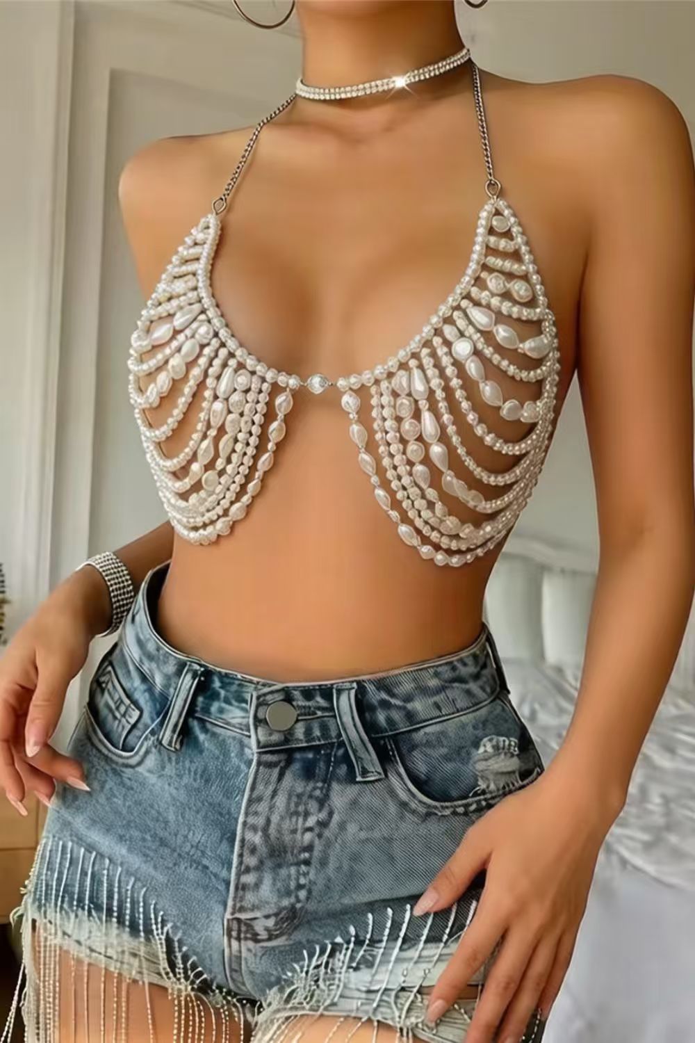 Pearl Beaded Halter Bralette Top