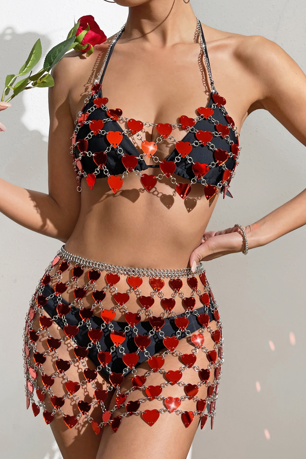 Red Heart Mirror Fish Scale Skirt Set