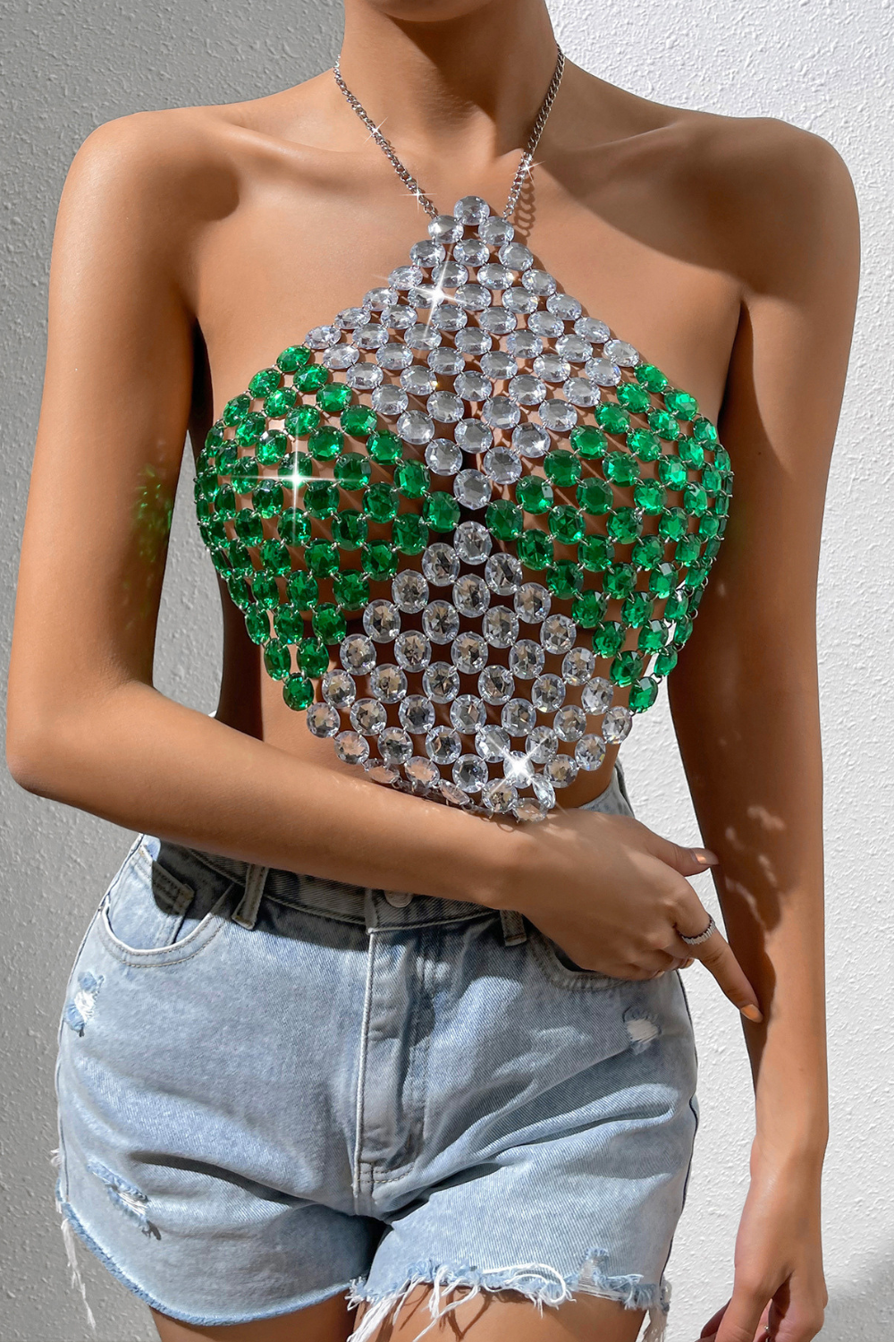 White And Green Halter Gem Cami Top