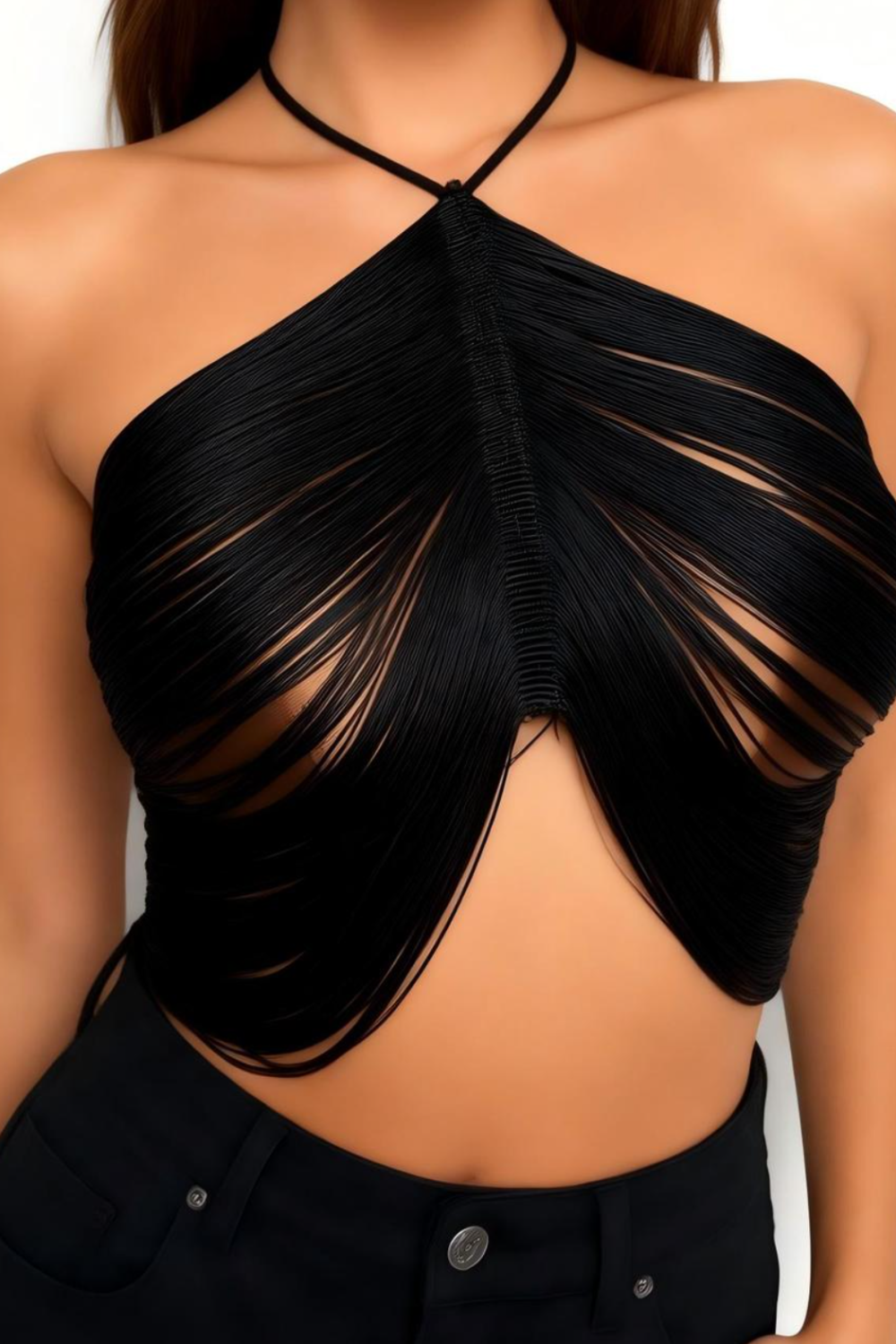 Sheer Fringe Crop Halter Top|ShinyGal