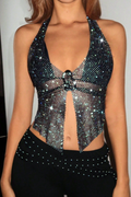 Sparkling Rhinestone Mesh Halter Top