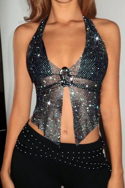 Sparkling Rhinestone Mesh Halter Top