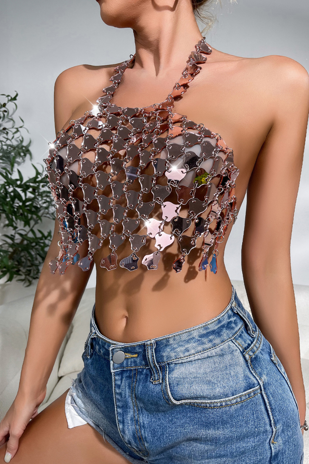 Rose Gold Halter Neck Fish Scale Top