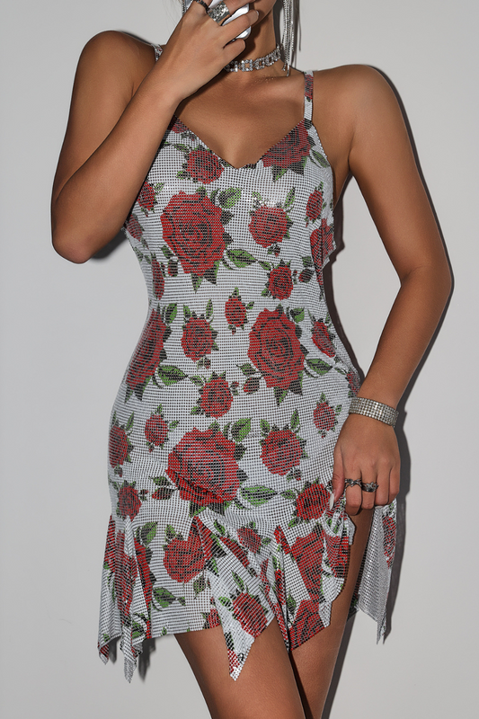 Printed Glitter Backless Chainmail Dress