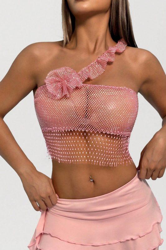 Mesh With Ruffle Bow Crop Top
