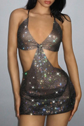 V Neck Glisten Mesh Strappy Dress