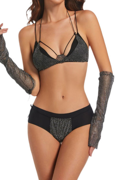 Rhinestone Mesh Bikini 3-Piece Set