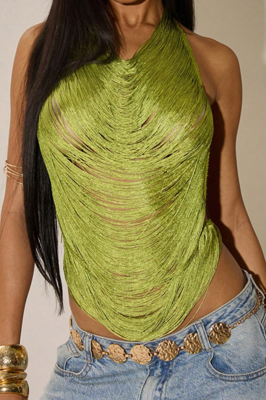 Olive Green Fringe Halter Top