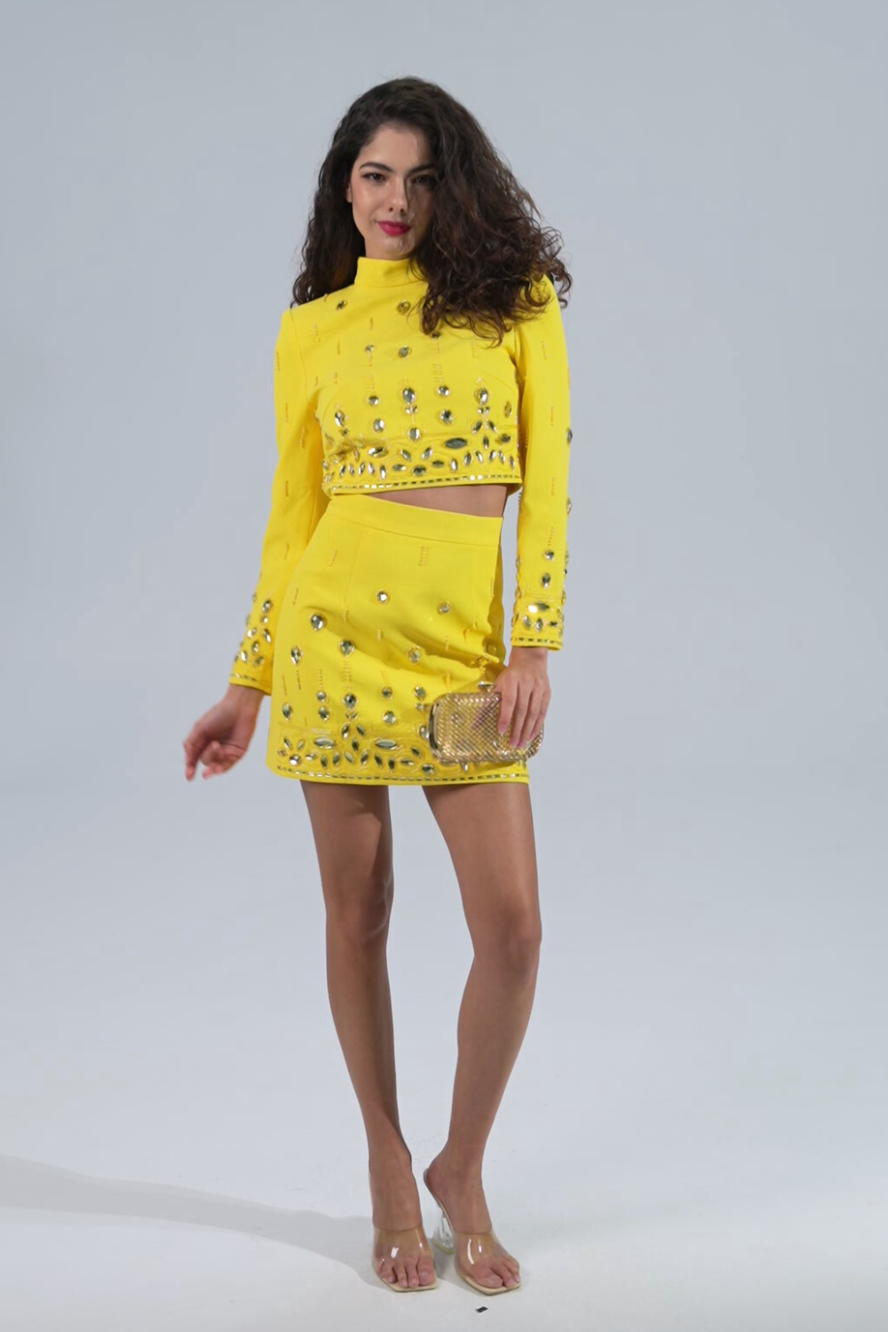 Yellow Crystal Embellished Top Skirt Set