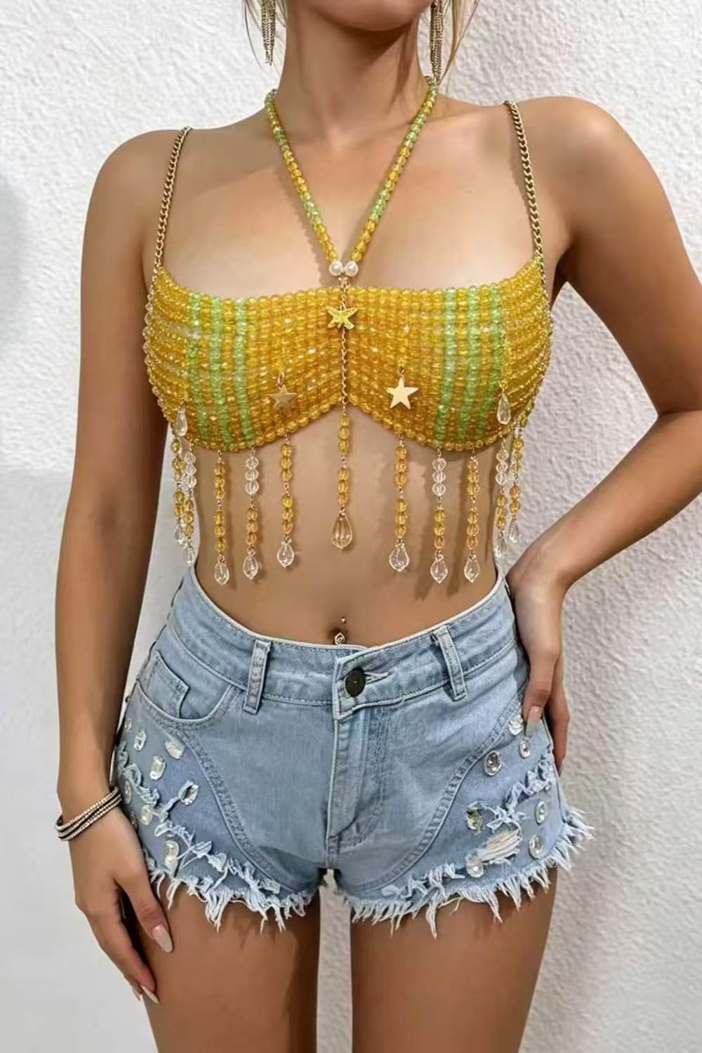 Yellow Beaded Tassel Crop Top