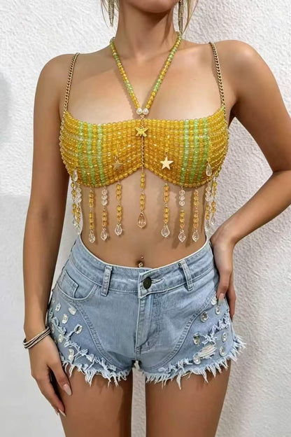 Yellow Beaded Tassel Crop Top