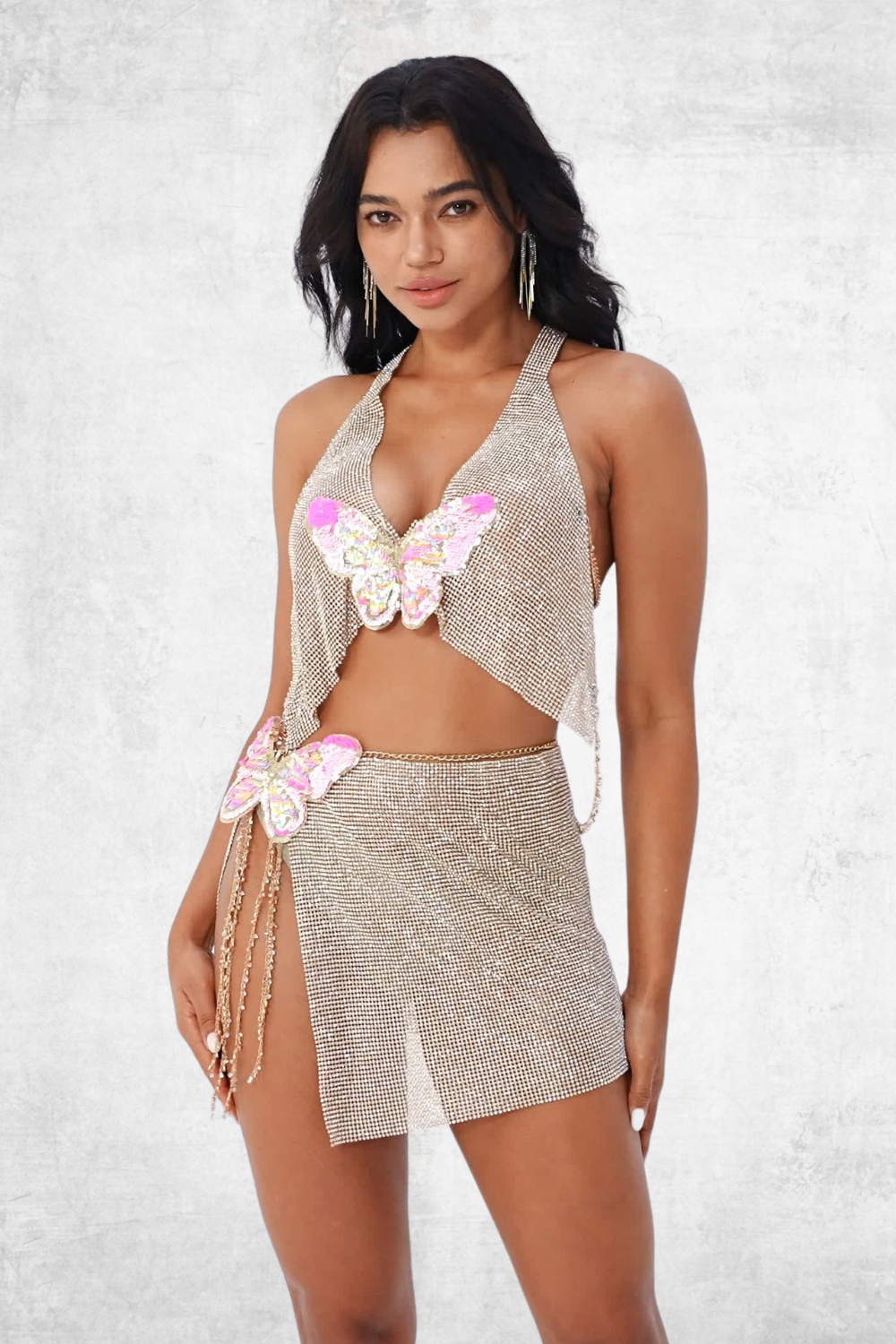 Celestial Butterfly Crystal Chainmail Top & Skirt Set