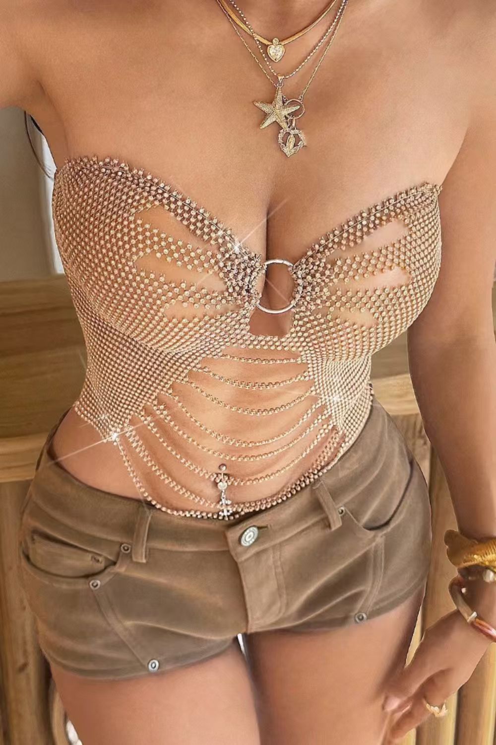 Nude Crystal Rhinestone Cutout Corset Top