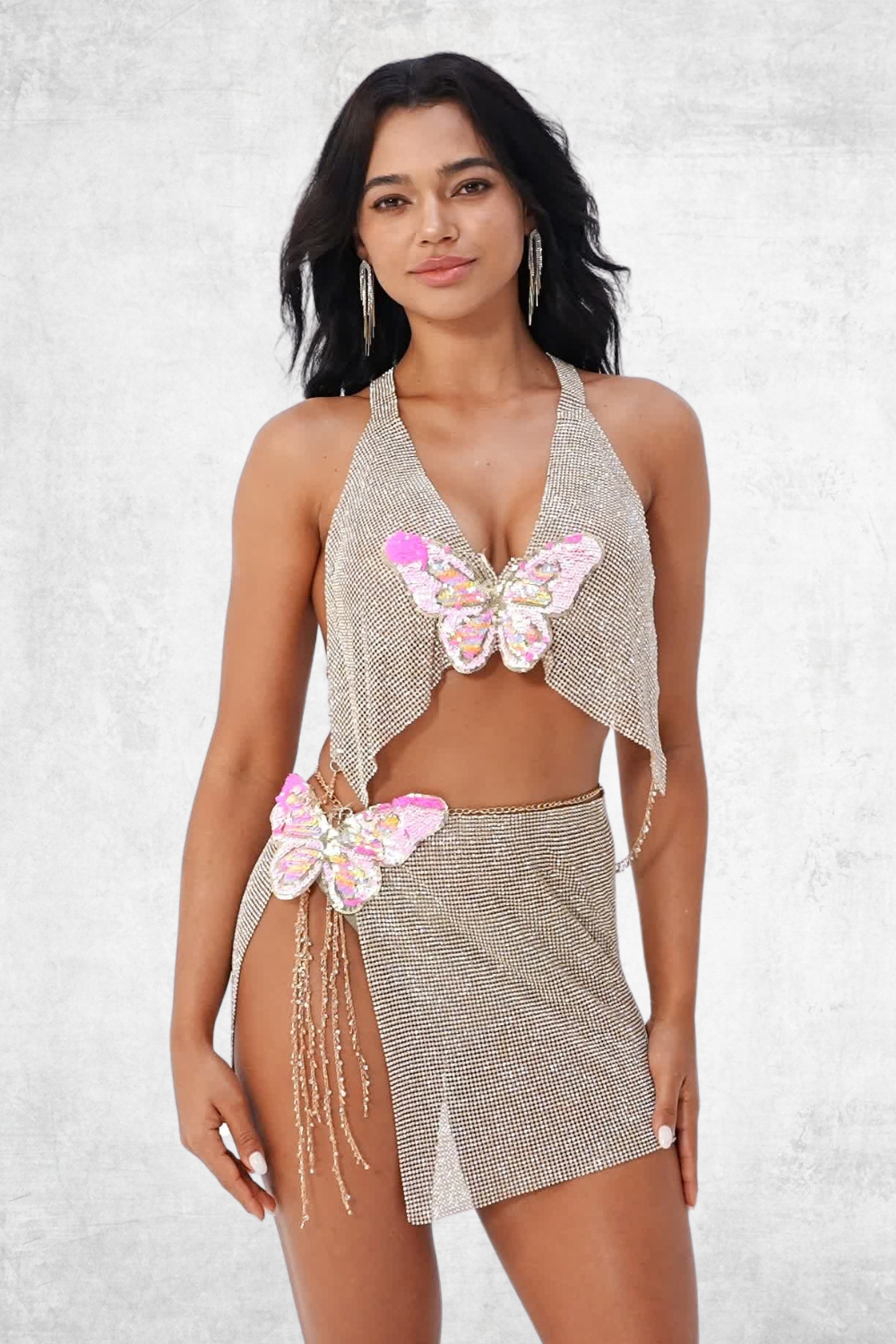 Celestial Butterfly Crystal Chainmail Top & Skirt Set