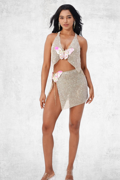 Celestial Butterfly Crystal Chainmail Top & Skirt Set