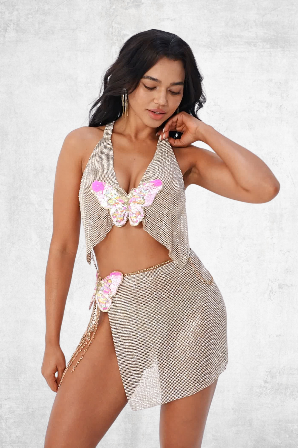 Celestial Butterfly Crystal Chainmail Top & Skirt Set