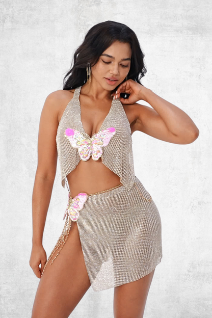 Celestial Butterfly Crystal Chainmail Top & Skirt Set