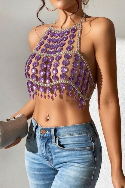 Purple Crystal Fringe Chainmail Halter Top