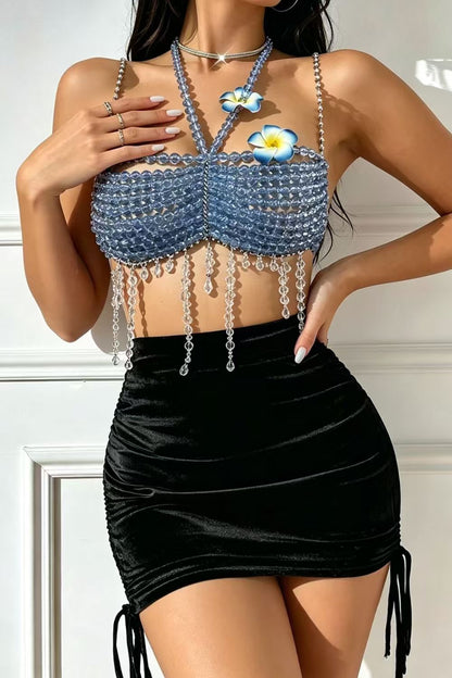 Blue Crystal Beaded Tassel Crop Top