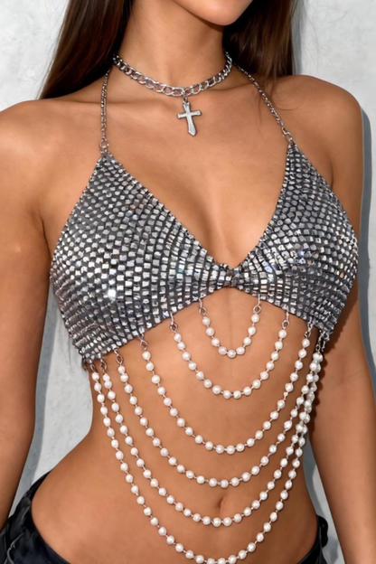 Metallic Chain Bikini with Pearl Details