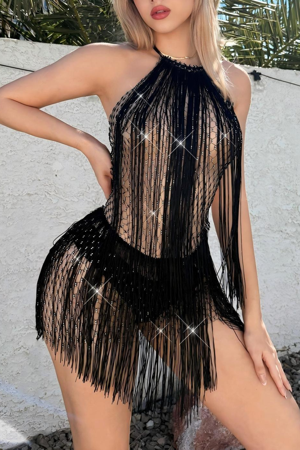 Glisten Mesh Halter Tassel Dress