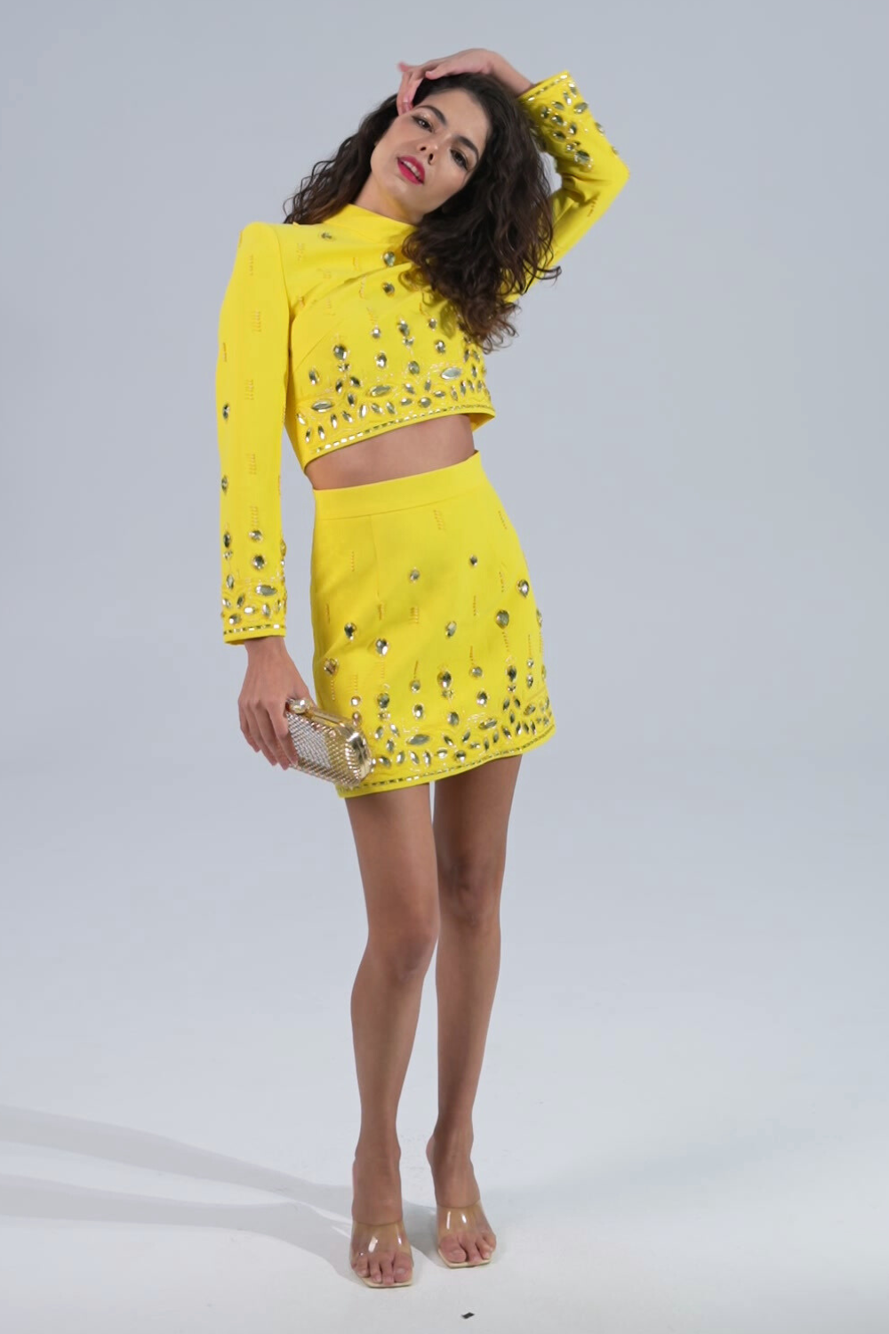 Yellow Crystal Embellished Top Skirt Set