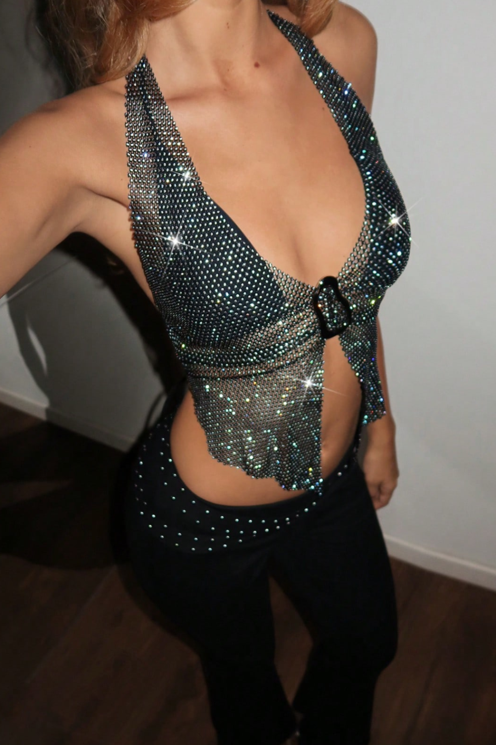 Sparkling Rhinestone Mesh Halter Top