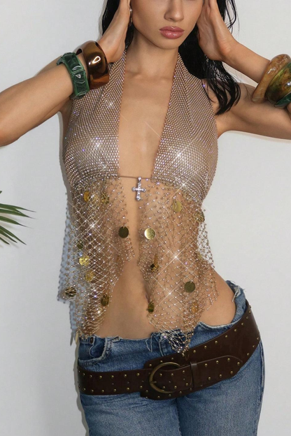 Sheer Rhinestone Halter Top