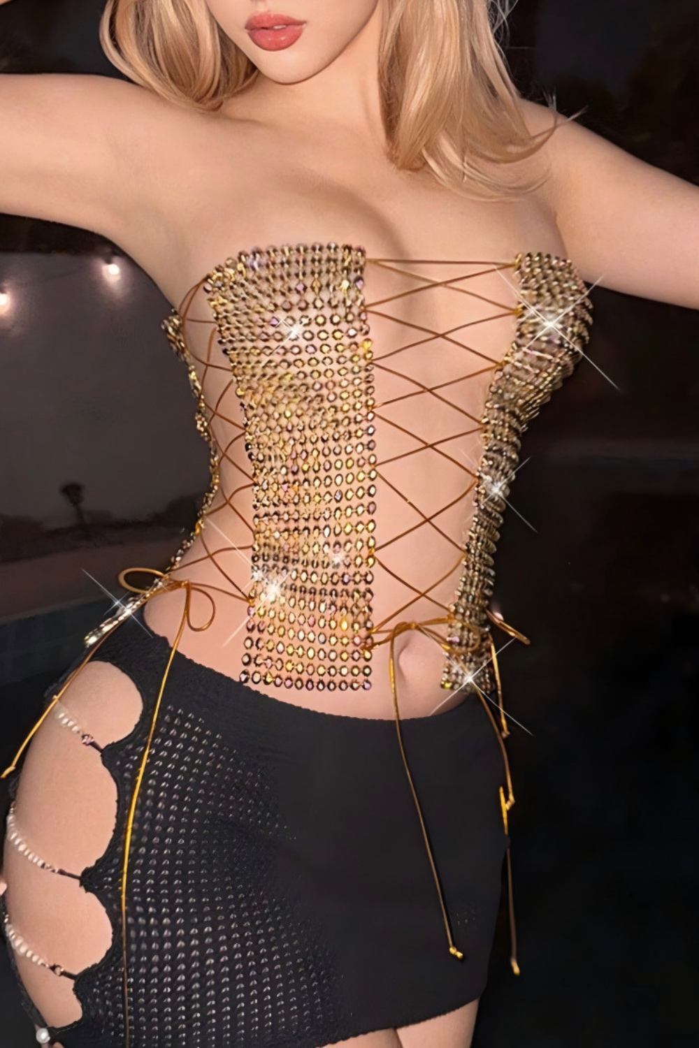 Flash Diamond Lace-Up Strapless Corset Top