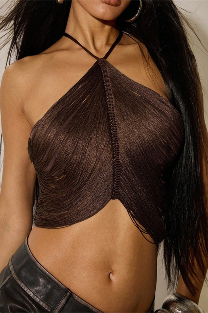 Brown Sheer Fringe Crop Top