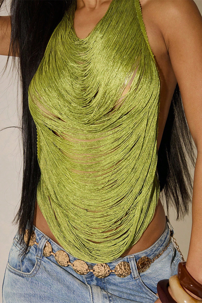 Olive Green Fringe Halter Top