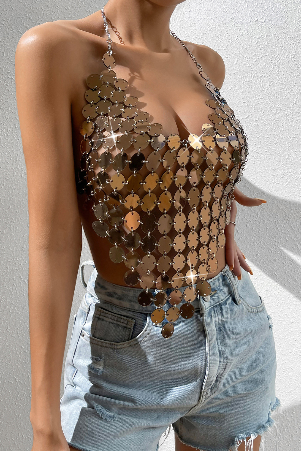 Brown V Neck Fish Scale Top