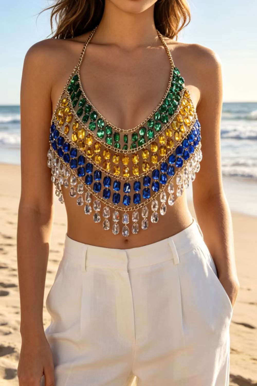 Rainbow Crystal Fringe Halter Top