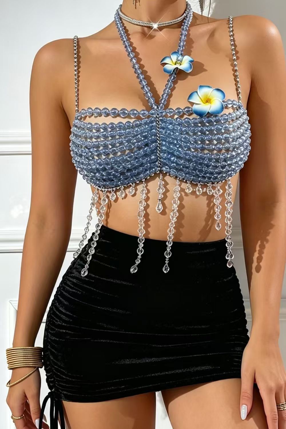 Blue Crystal Beaded Tassel Crop Top