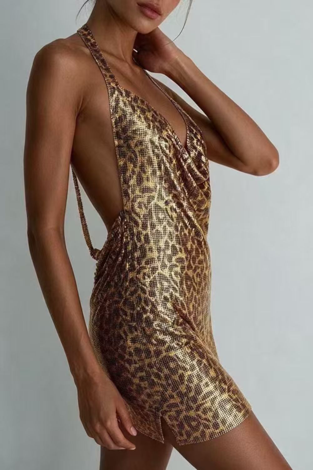 Leopard Print Sequin Cowl Neck Mini Dress