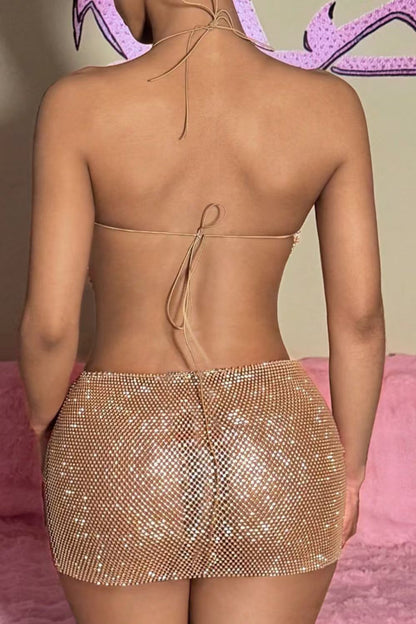 Gold Rhinestone Halter Mesh Skirt Set